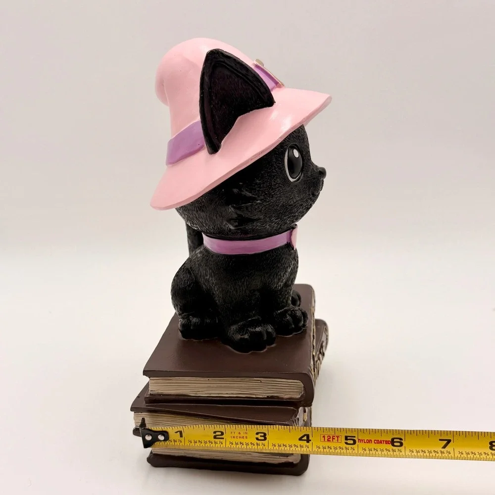 Halloween Black Cat Witch Figurine on Spell Books Pink Hat Spooky Cute Decor